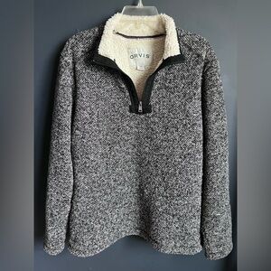 Orvis Mens Medium Gray Knit Sherpa Lined 1/4 Zip Pullover Sweater